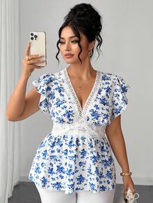 SHEIN Clasi Plus Size Women Deep V-Neck Floral Print Casual Boho Versatile Daily Wear Shirt Vacation White Summer - Blue - View 4