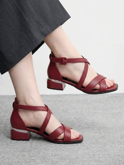 CUCCOO BIZCHIC 女士樱桃红户外步行购物交叉腰带粗跟方头搭扣腰带女士粗跟高跟凉鞋