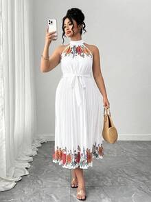 EMERY ROSE Plus Size Elegant Floral Print Halter Neck Pleated Dress, Summer - White - View 4