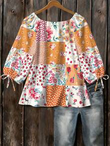 EMERY ROSE Patchwork Design White Print Round Neck 3/4 Sleeve Woven Shirt Vacation Autumn 90s - Multicolor - View 2