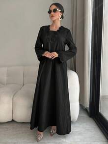 Al Najma 女款優雅紋理時尚百搭阿拉伯長裙 - 黑色 - 查看 4