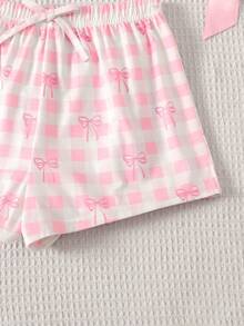 SHEIN Tween Girl 粉色格紋蝴蝶結印花裝飾白色鈕扣休閒時尚修身睡衣套裝 - 粉色 - 查看 4