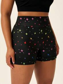 Voyena Pantalones cortos deportivos con estampado de estrellas para mujer de talla grande, pantalones de yoga - Negro - Ver 3