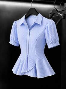 GlowEve Elegant Business Casual Vintage French Design Collared Puff Sleeve Blue And White Striped Asymmetrical Hem Ruffle Waist Slim A-Line Blouse Work Summer - Blue and White - View 1