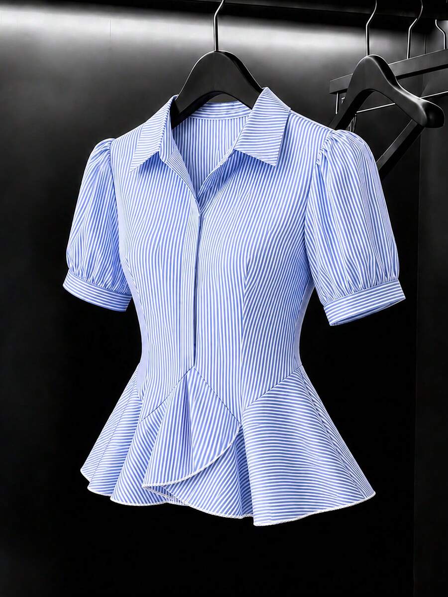GlowEve Elegant Business Casual Vintage French Design Collared Puff Sleeve Blue And White Striped Asymmetrical Hem Ruffle Waist Slim A-Line Blouse Work Summer - Blue and White - View 1