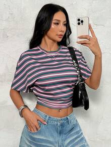SHEIN PETITE Áo thun crop top nữ mùa xuân/hè phong cách tối giản, thanh lịch, kiểu Y2K, preppy, cơ bản, mặc hàng ngày, casual, phong cách đường phố, co giãn, màu xanh lá cây và hồng, dáng rộng, xếp ly. - Nhiều màu - Xem 6