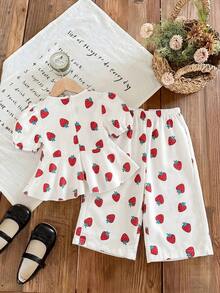 SHEIN LMoss Kids 女嬰夏季可愛花卉印花短袖上衣與彈性腰圍長褲套裝 - 彩色 - 查看 2