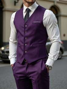 Manfinity Mode Men's Business Button Vest Jacket And Casual Pocket Pants Suit Set - Purple - View 1