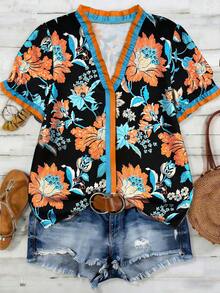 SHEIN CURVE+ Plus Size Woven Printed Casual Boho Resort Summer Women's Shirt Vacation Black - Black - View 5