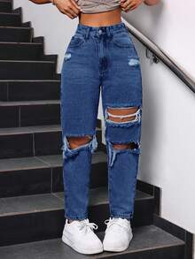 SHEIN Tall Celana Jeans Wanita Kasual Model Tapered dengan Efek Lusuh dan Cuci, Ukuran Wanita Tinggi - Medium Wash - View 3