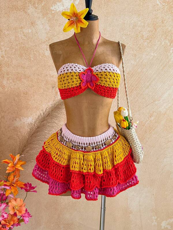 Soleia 2-Piece Set: Sexy Gradient Sequin Crochet Halter Crop Top + Multi-Tier Crochet Skirt, Suitable For Beach Vacation, Cruise, City Holiday, Date, Afternoon Tea, Music Festival, Brunch, Boho, Beach, Island Resort, Beach, Summer, Music Festival, Commute, Wedding Season, Party, Carnival