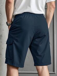 Manfinity Dauomo Pantalones cortos casuales y versátiles para hombres con cintura con cordón y bolsillos - Gris azul - Ver 3