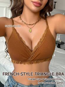 SHEIN Đồ lót ren phối mảnh lãng mạn thoải mái - màu nâu - Xem 1