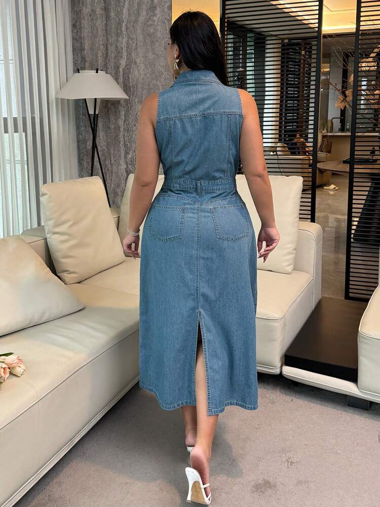 Dazy Plus Plus Size Women's Sleeveless Denim Dress, Casual Crinkle Pocket Design, Sexy Wrap Style, Spring/Summer