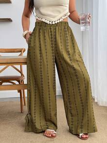 Enliva Plus Size Loose Printed Vintage Bohemian Style Vacation Wide-Leg Pants With Pockets And Elastic Waistband - Green - View 3