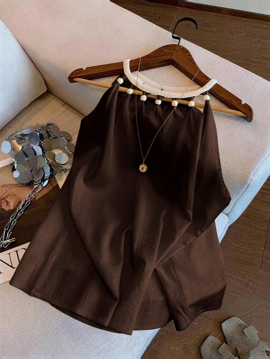 GlowEve Summer Versatile Vacation Casual Beaded Floral Trim Halter Neck Sleeveless Top - Coffee Brown - View 1