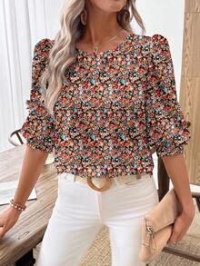 EMERY ROSE Women's Casual Commuter Printed Lantern Sleeve Shirt - Multicolor - View 4