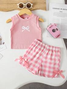 SHEIN Playful Pals 女嬰夏季藍色紋理無袖上衣與藍色格紋短褲套裝，飾有藍色蝴蝶結，日常必備穿搭 - 藕粉色 - 查看 2