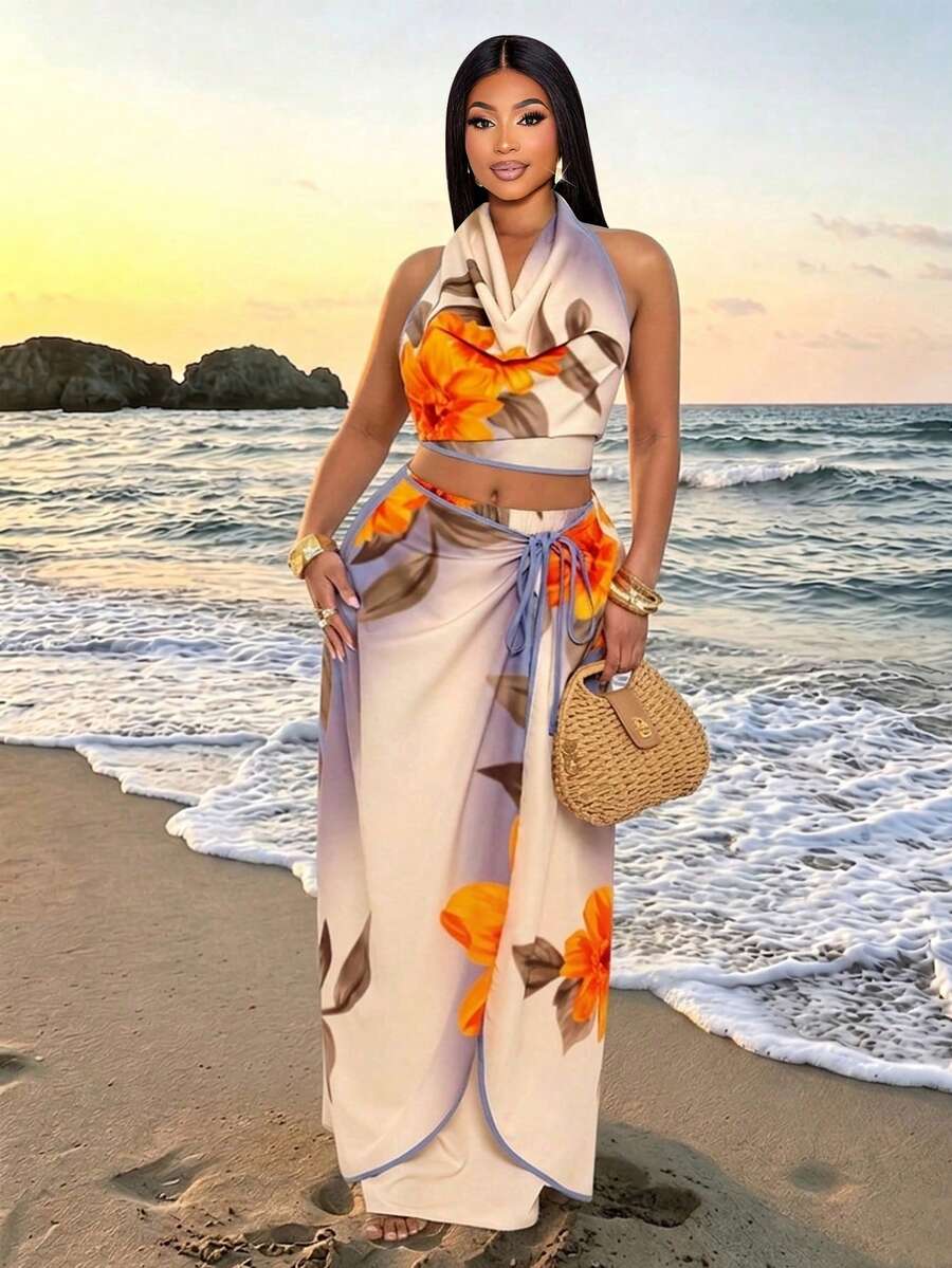 SOLERSUN Plus Size Women's Elegant Tropical Beige Summer Boho Vacation Holiday Spaghetti Strap Top Skirt Two Pieces Set Sophisticated Old Money Style Beach Date Outfit - Purple - View 1