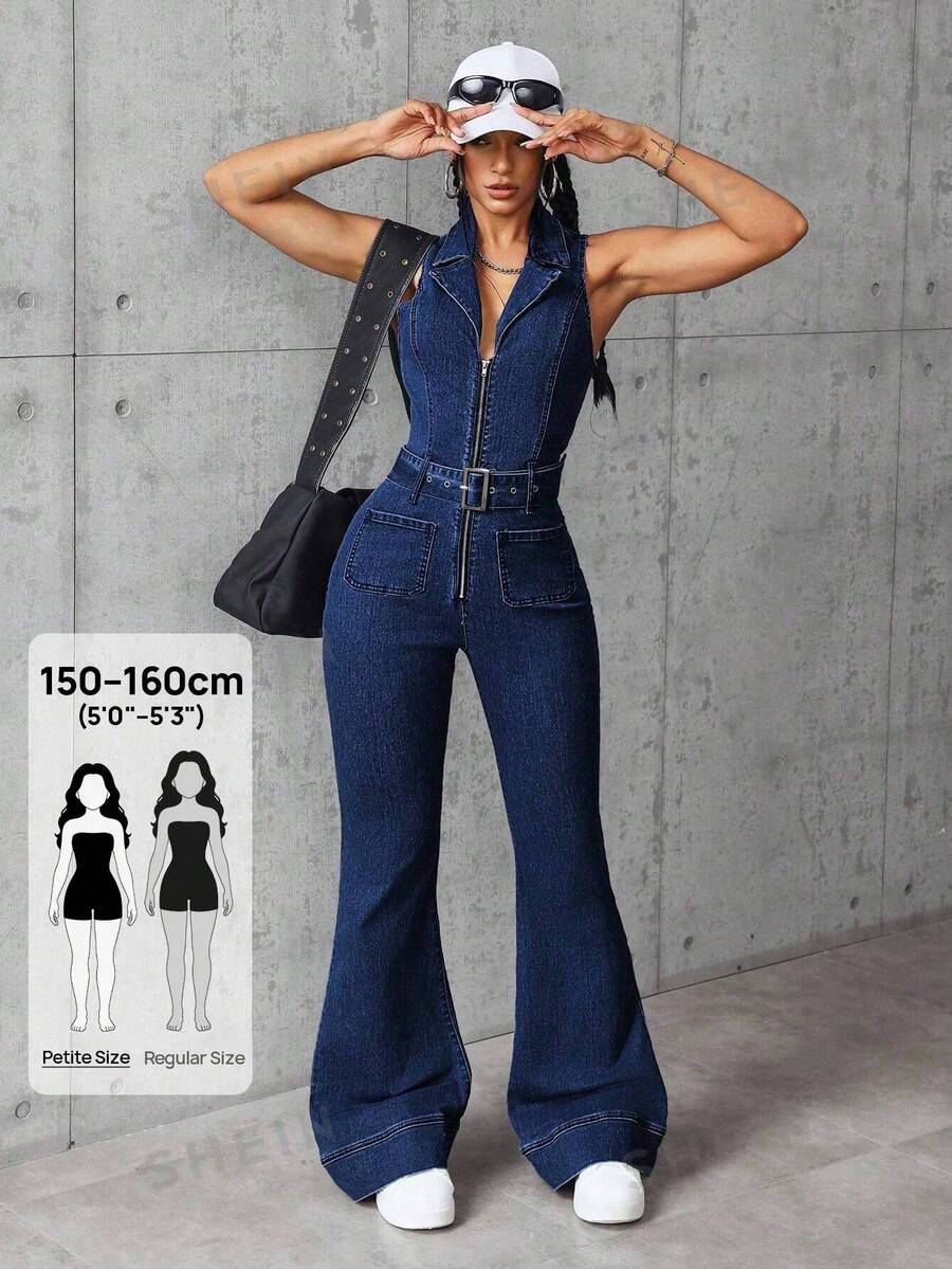 SHEIN PETITE 女款無袖修身腰帶喇叭褲牛仔連身褲，適合小個女版 - 藍色 - 查看 1