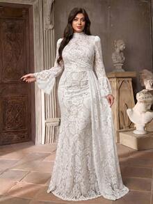 Aureia Đầm dạ hội dáng đuôi cá size lớn sang trọng thanh lịch lãng mạn, cổ trắng, tay loe, nhún bèo, phối patchwork, tà dài, phù hợp cho tiệc tối, tiệc độc thân, hẹn hò, dạ hội, du lịch, đám cưới - trắng - Xem 4
