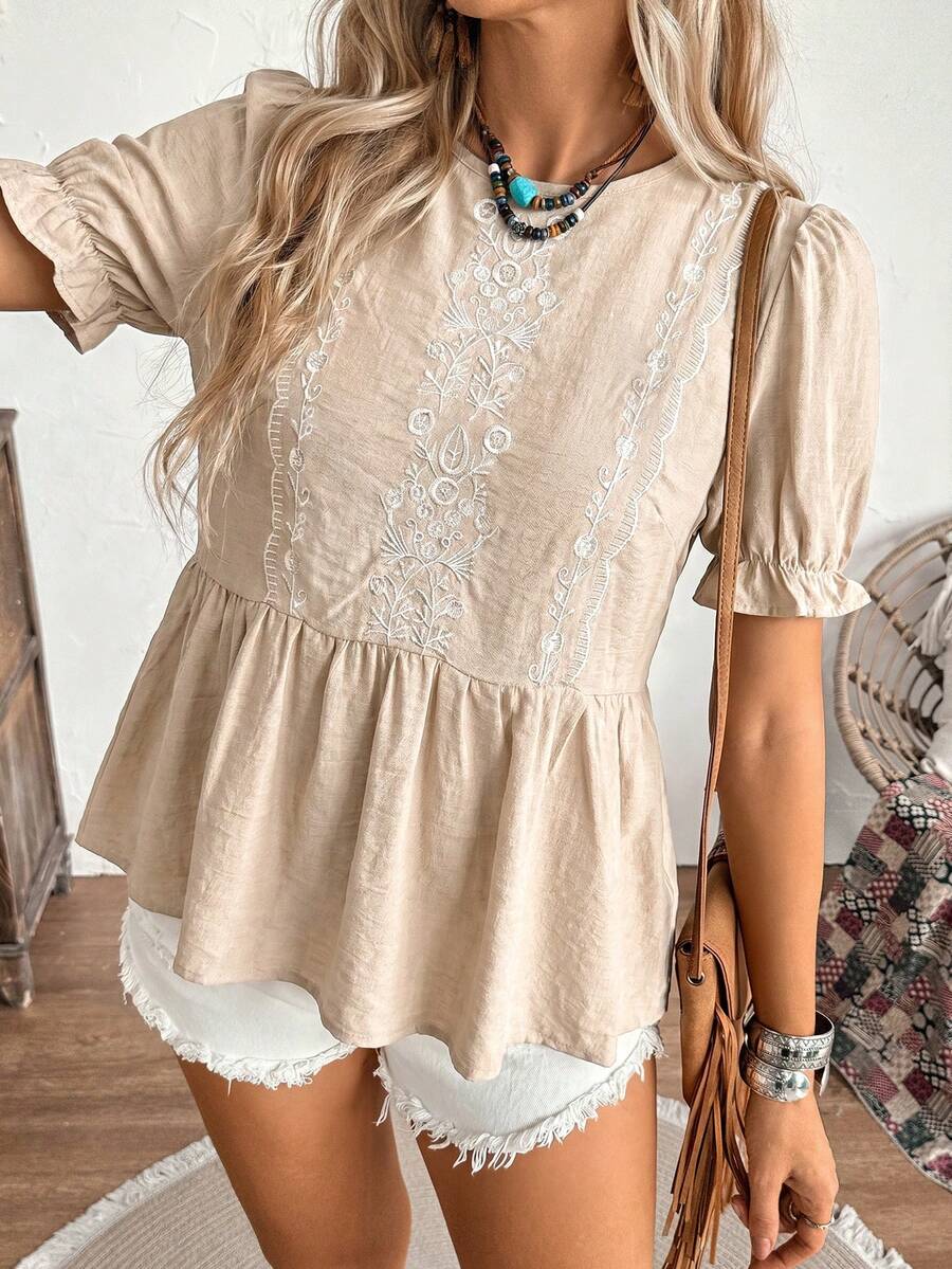 LanaWest Damen neue braune Bluse mit rundem Ausschnitt, elastischer Taille, Kurzarm, Rüschensaum, Stickerei, Retro-Casual-Boho-Western-Stil, Frühling/Sommer - Khaki - Übersicht 1