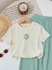 LMoss Kids LMoss 少女两件套：少女提花连体衣上衣和纹理阔腿裤套装 - 薄荷綠 - 查看 4
