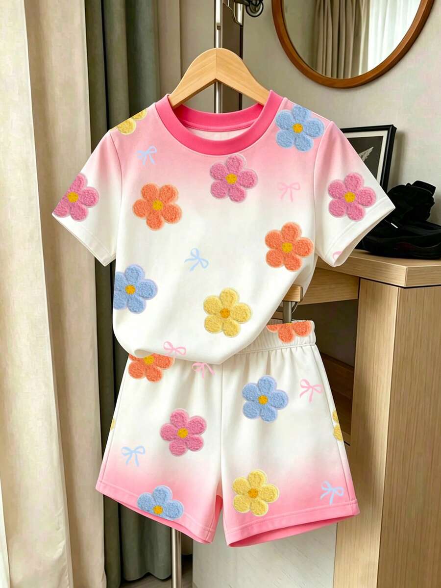 2件組少女清新軟萌韓系甜美活力風休閒可愛粉白漸層花朵刺繡短袖上衣+短褲套裝,飾有蝴蝶結,適合春夏秋日常外出、校園、休閒旅行 - 彩色 - 查看 1
