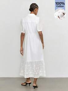 Maija Women's Solid Color Pleated Collar Casual French Elegant Tropical Midi Shirt Dress Vacation White Summer Brunch Picnic - White - View 3