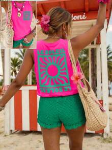 DrmWander Plus Size Women Letter Print Casual Round Neck Tank Top - Hot Pink - View 1