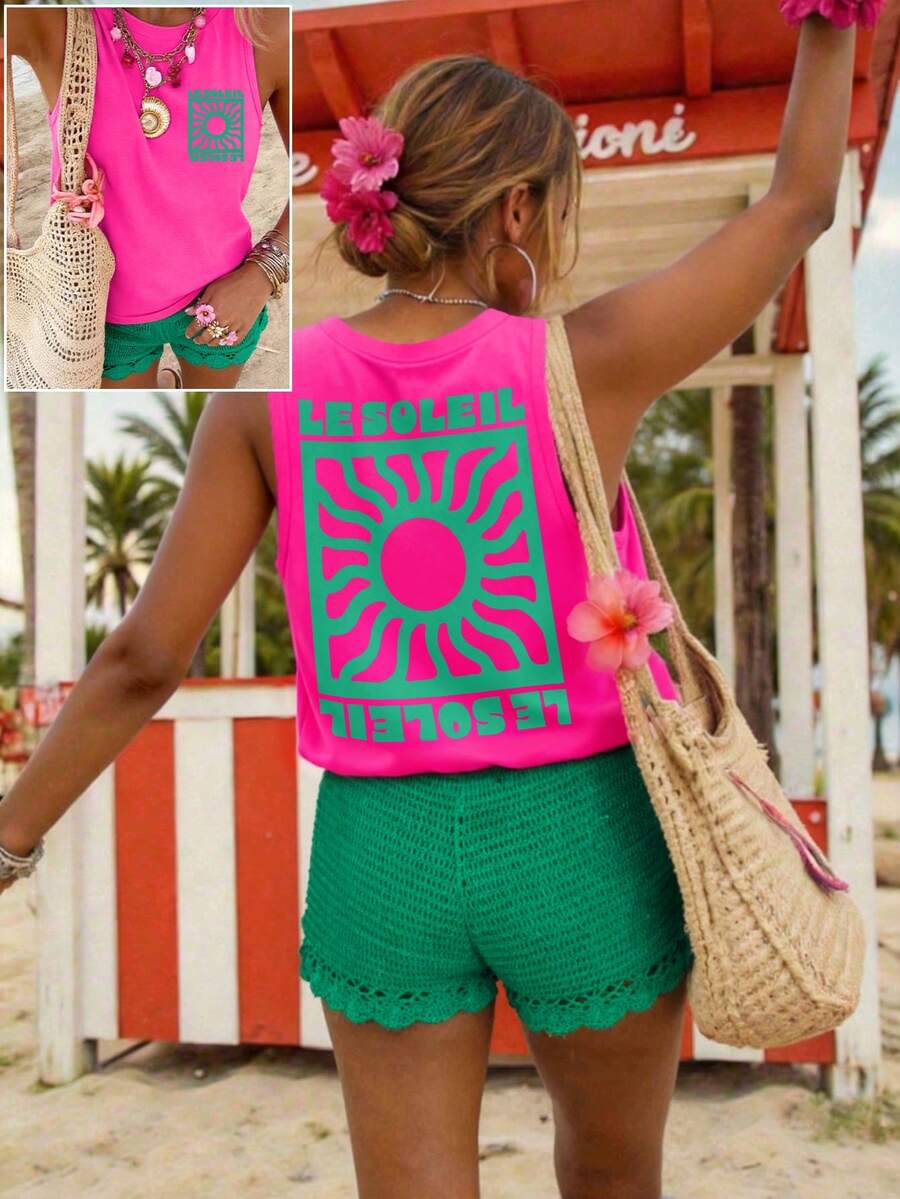 DrmWander Plus Size Women Letter Print Casual Round Neck Tank Top - Hot Pink - View 1