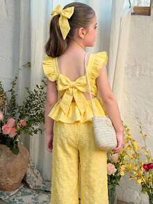 Emery Rose Kids Emery Rose Kids 2件組少女編織素色方領荷葉邊飾休閒吊帶上衣與長褲套裝 - 黃色 - View 5