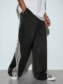Modcrash Comfortable Loose Striped Casual Sweatpants With Raw Edges, Relaxed Fit, Men's Loose Printed Drawstring Waist Sports Pants - Black - View 5