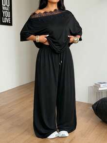 Coolane Bộ đồ 2 món nữ size lớn, áo thun trễ vai và quần nỉ ống rộng, phong cách tối giản streetwear, mặc hàng ngày, đi chơi, thể thao, thoải mái, xuân/hè - màu đen - Xem 7