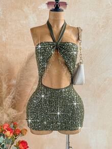 Soleia Army Green Sequin Tassel Decor Halter Backless Mini Dress,70s Boho Summer Night Out Party Vacation Beach Cruise Road Trip Holiday Music Festival - Green - View 9