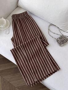Franclia Plus Size Vacation Casual Striped Loose Pants Fall - Brown - View 2