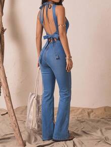 Jeanoix Y2K Retro Vintage 70s Casual Women's Backless Tie Bow Fitted Sexy Blue Denim Flare Jumpsuit, Spring/Summer Everyday Day Time Night - Medium Wash - View 2