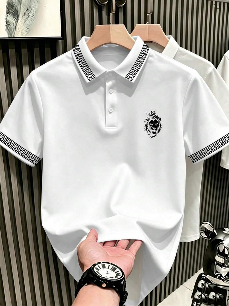 Manfinity Homme 男士經典時尚休閒白色短袖 Polo 衫,皇冠獅子印花,正式款 - 彩色 - 查看 1