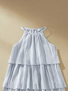 SHEIN Young Girl Cute Sweet Multi-Layer Ruffle Hem Round Neck Sleeveless Dress - Blue - View 7