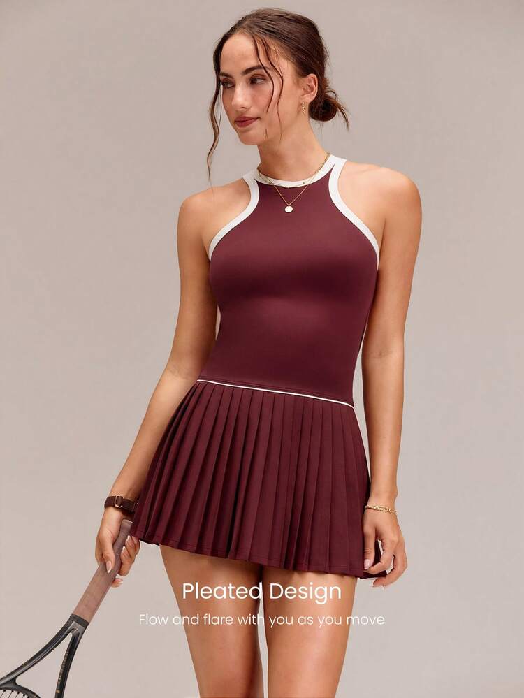 Soft Swing Built-In Shorts Side Pockets Contrasting Trim Crewneck Ultra-Low Rise Pleated Racerback Tennis Dress Golf Pickleball Daily Casual Wear