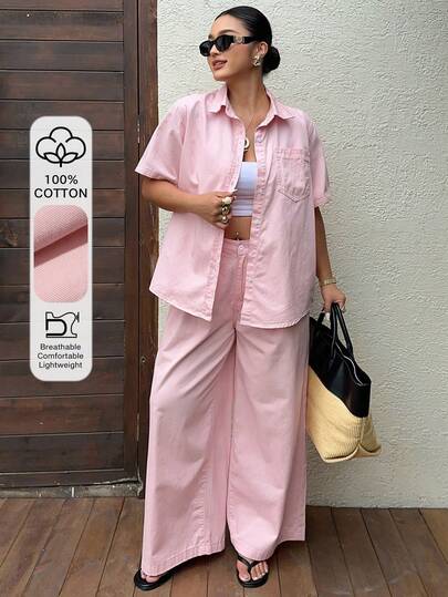 Dazy Plus Conjunto informal y elegante de 2 piezas de camisa holgada de cuello rosa y pantalones rectos de mezclilla para tallas grandes
