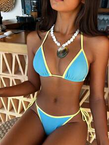 Bonvoyette-D Summer 2-Piece Set, Blue Striped Solid Asymmetric Vertical Striped Jacquard Knit Fabric Triangle Halter Tie-Back Cutout Waist Tie Beach - Multicolor - View 4