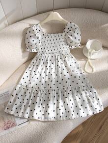 SHEIN Elladie kids 1pc Girls Polka Dot Print Square Collar Petal Sleeve Dress, Cute & Fashionable Beach Dress For Summer Vacation - Black and White - View 3