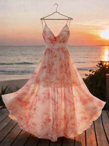 SHEIN Franclia Elegante abito da vacanza, abito in chiffon con stampa floreale, aderente con spalline sottili e ampio per le donne - Rosa - Visualizzare 2