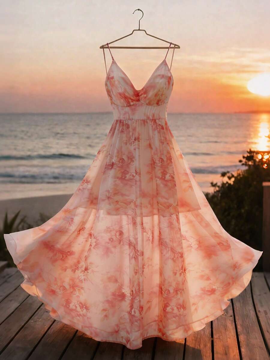 SHEIN Franclia Elegante abito da vacanza, abito in chiffon con stampa floreale, aderente con spalline sottili e ampio per le donne