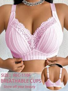 DesireSculpt 1pc Plus Size Lace Patchwork Wireless Bra Hot Pink Summer - Pink - View 6