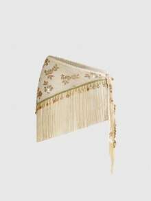 ROMWE Y2K Retro Sexy Vintage Beaded Embroidery Patchwork Tassel Hem Wrap Skirt - Khaki - View 1