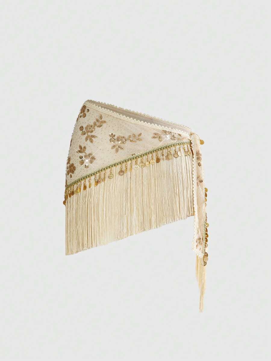 ROMWE Y2K Retro Sexy Vintage Beaded Embroidery Patchwork Tassel Hem Wrap Skirt - Khaki - View 1