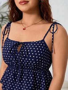 Solflare Navy Blue Plus Size Polka Dot Print Camisole And Casual Pants 2 Pieces Set - Navy Blue - View 4
