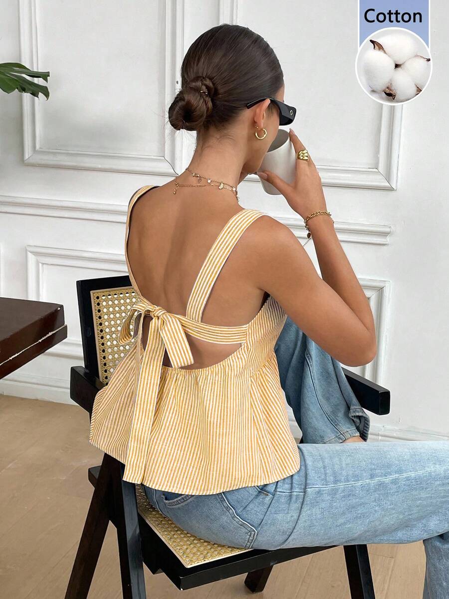 Serisse Áo ba lỗ thắt nơ sọc xanh trắng mới mùa hè cho nữ - Màu vàng - Xem 1